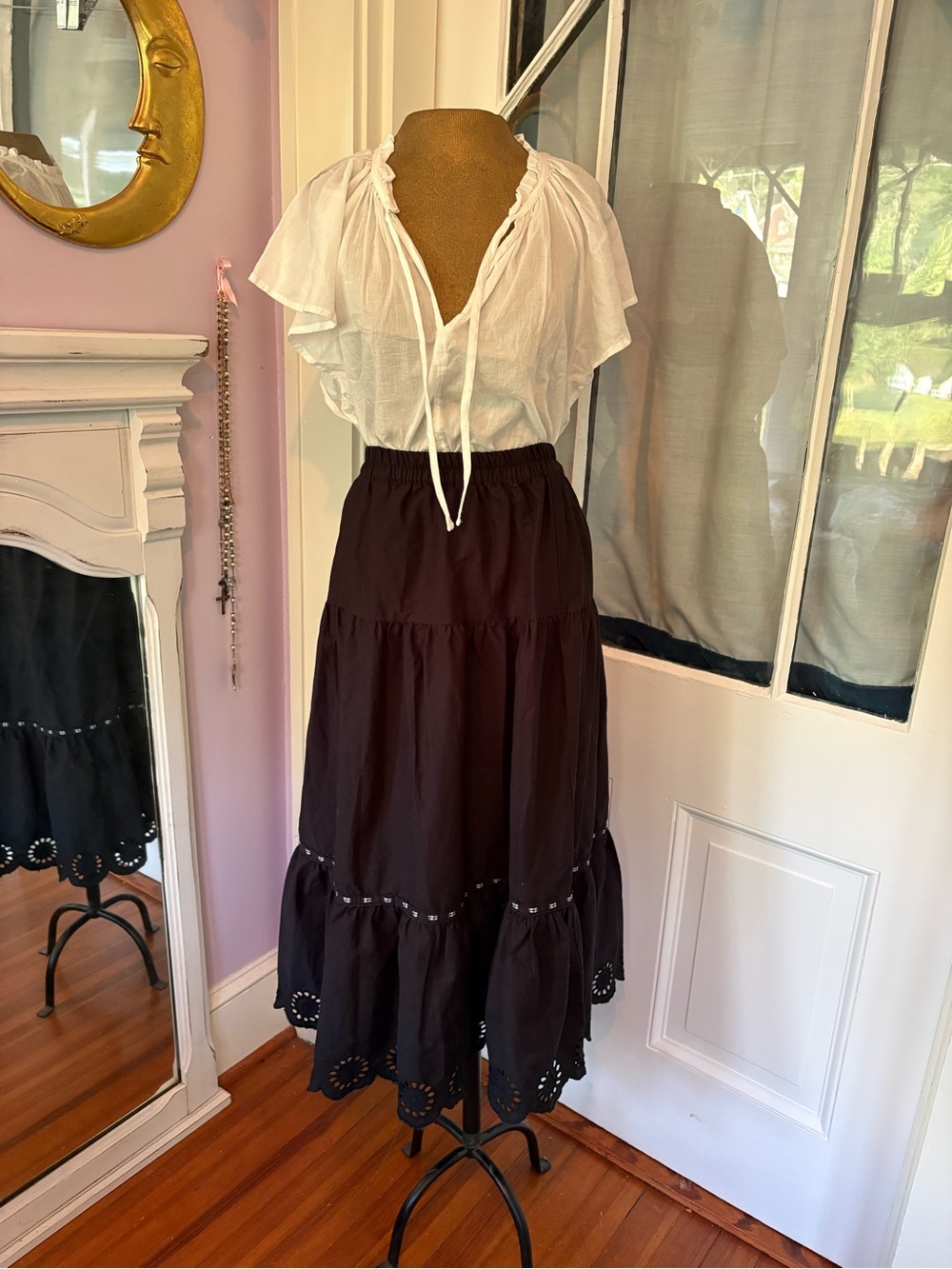 Japna Black Tiered Eyelet Skirt
